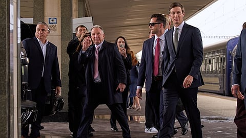 U.S. President Donald Trump's envoys Steve Witkoff, center, and Jared Kushner, right, arrive in Kyiv, Ukraine, Sunday, Sept. 6, 2026. 