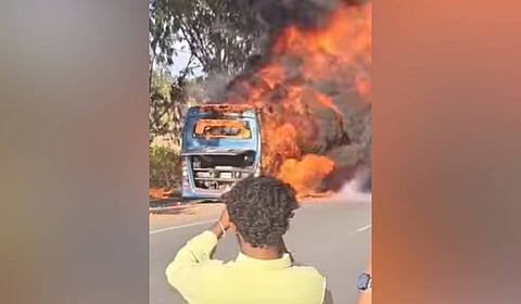 The KSRTC EV bus that caught fire near Rangayanakoppalu, Bilikere.