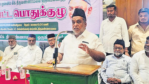 MLA Basha speaking at the IUML meeting in Tiruvannamalai on Saturday.