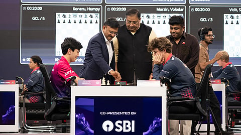 M Madhukar makes the first move in the game between Javokhir Sindarov and Magnus Carlsen in the GCL on Monday