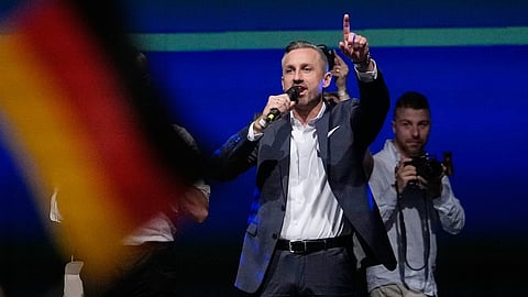 Top candidate Ulrich Siegmund speaks at an election party of the "Alternative for Germany" (AfD) after the Saxony-Anhalt state elections in Magdeburg, eastern Germany, Sunday, Sept. 6, 2026.