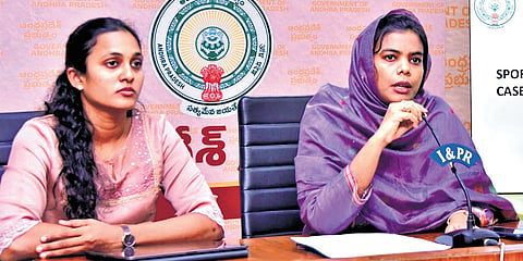 Commissioner of School Education Thameem Ansaria and SAAP Managing Director Bharani addressing the media on Monday 