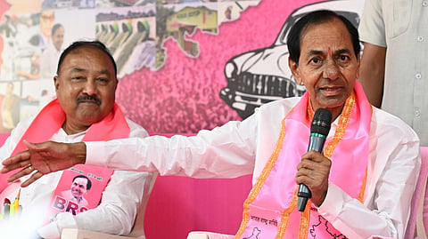 BRS Chief K Chandrasekhar Rao speaks during a meeting with party legislators at his Erravelli residence on Sunday