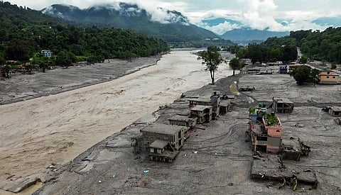A drone view of the devastation in the Devighat area following a mud-laden flash flood caused by an outburst in the Trishuli River