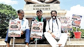 Gurmitkal MLA Sharanagouda Kandkur and other leaders protest demanding that the government officially declare drought in the state and launch relief measures, at Vidhana Soudha in Bengaluru on Monday 