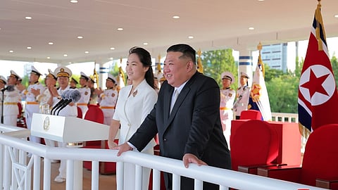 In this photo provided by the North Korean government, its leader Kim Jong Un and his daughter attend a commissioning ceremony of a destroyer, Kang Kon at a port in Wonsan, North Korea Sunday, Sept. 6, 2026.