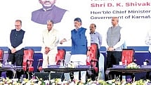 Chief Minister DK Shivakumar with Gokul Education Foundation Board Chairman and Vice-Chancellor Dr MR Jayaram, foundation president Dr MR Seetharam, board member Dr MM Pallam Raju and Albany University President Havidan Rodriguez during the inauguration of RISM near Bengaluru on Monday 