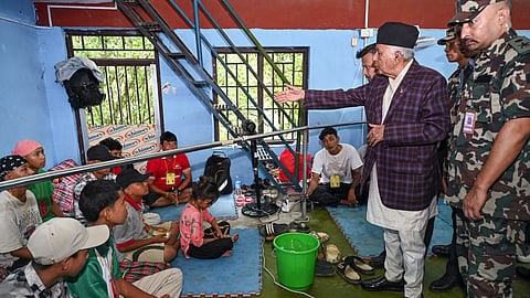 In this image received on Sept. 7, 2026, Nepal's President Ram Chandra Paudel during a visit to a temporary shelter after the flash floods, in Bidur Municipality, Nepal. 