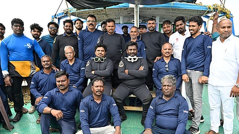 Archaeology Minister A Rajmohan joins professional divers and experts during the launch of the underwater excavation off Poompuhar coast on Sunday.