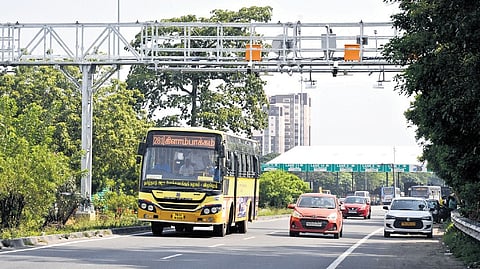 The Multi-Lane Free Flow toll collection system installed near Paranur on the Chennai-Tiruchy National Highway.