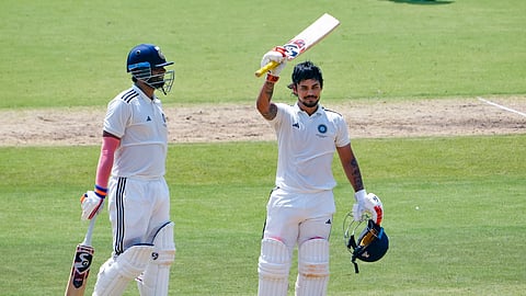 Ishan Kishan (R) celebreates his double century at the MA Chidambaram Stadium on Monday