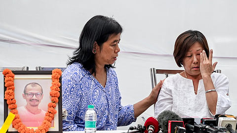 Family members and relatives of a 54-year-old musician address the media, at Manipur Bhavan, in New Delhi, Tuesday, Sept. 8, 2026. The 54-year-old musician (guitarist) was allegedly assaulted by a group of delivery workers and dhaba staff after he objected to them shouting and drinking alcohol outside his apartment in Kilokari village.
