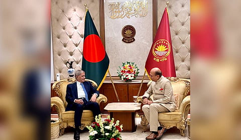 Indian High Commissioner Dinesh Trivedi (R) with Bangladesh President Mirza Fakhrul Islam Alamgir.