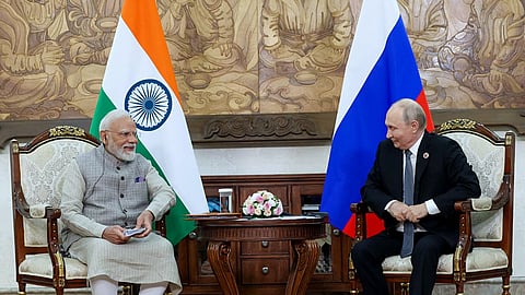In this photo from Aug. 31, 2026, Prime Minister Narendra Modi and Russian President Vladimir Putin hold bilateral talks on the sidelines of the Shanghai Cooperation Organization (SCO) summit in Bishkek, Kyrgyzstan.