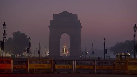 A layer of smog covers the area around India Gate and Kartavya Path, Delhi.