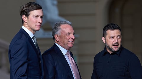 Ukraine's President Volodymyr Zelenskyy, right, stands with Steve Witkoff, center, and Jared Kushner, U.S. President Donald Trump's envoys, at the end of their joint news conference in Kyiv, Ukraine, Sunday, Sept. 6, 2026.