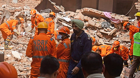 Rescue operation still continuing where a five-storey building collapsed at Satya Niketan area, in Moti Bugh, New Delhi, Monday, Sept. 7, 2026