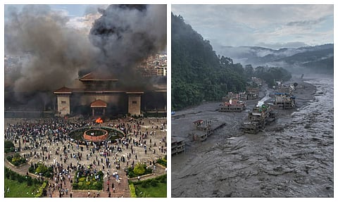 Protesters celebrate at the parliament building after it was set on fire during a protest against social media ban and corruption in Kathmandu (L),  A drone view of the aftermath of flash flooding along the Trishuli river (R)