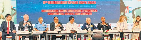 Dignitaries at a panel discussion at the 9th Space Expo- 2026 in Bengaluru on Tuesday | Express