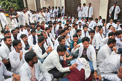 Medical interns stage a protest near the Chief Minister's residence at Kamla Park demanding an increase in their monthly stipend, in Bhopal, Madhya Pradesh, Tuesday, Sept. 8, 2026.