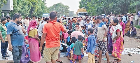 Irate fishermen staging protest outside Paradip Port on Tuesday.