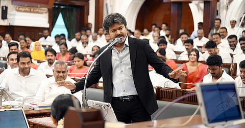 CM C Joseph Vijay speaks in the Assembly in Chennai on Monday during his reply to the opposition’s allegations regarding the home department.