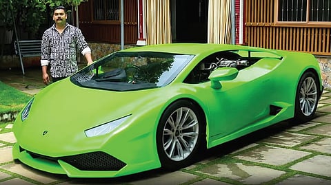 Aromal with his model Lamborghini Huracan 610-4 at his house in Thamarakulam, Alappuzha.