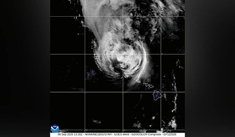 This satellite image provided by NOAA shows Hurricane Lowell near Hawaii on Tuesday, Sept. 8, 2026. 