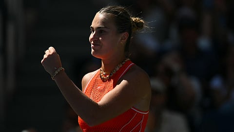 Belarus's Aryna Sabalenka reacts as she plays Czech Republic's Linda Noskova in their women's singles quarter-final tennis match on day ten of the US Open tennis tournament at the USTA Billie Jean King National Tennis Center in New York on September 8, 2026.