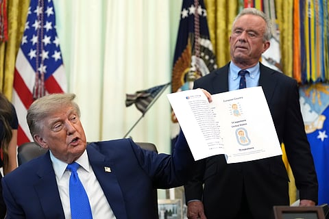 President Donald Trump holds up an image taken from his Truth Social account as Health and Human Services Secretary Robert F. Kennedy Jr. watches during a meeting to sign an executive order about vaccines, Monday, Aug. 10, 2026, in the Oval Office of the White House in Washington. 