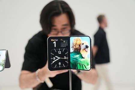 iPhone Duo is displayed on Wednesday, Sept. 9, 2026, on the Apple campus in Cupertino, Calif. 