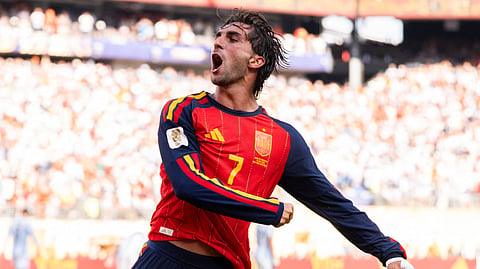 Ferran Torres #7 of Spain celebrates scoring his team's first goal during the FIFA World Cup 2026 Final match between Spain and Argentina at New York New Jersey Stadium on July 19, 2026 in East Rutherford, New Jersey.