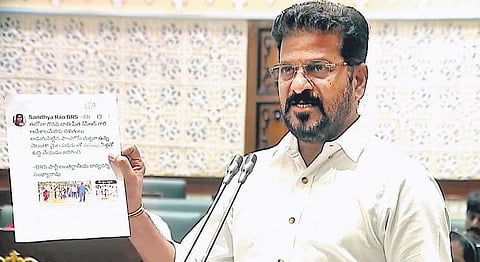 Chief Minister A Revanth Reddy addresses the Telangana Legislative Assembly in Hyderabad on Wednesday.