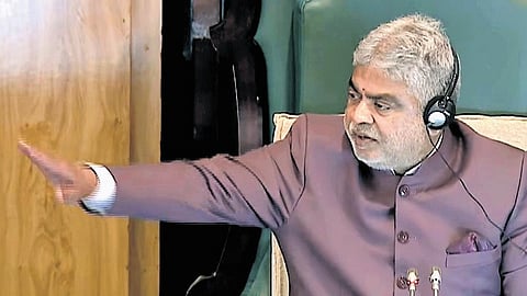Speaker Gaddam Prasad Kumar gestures during a heated exchange with BRS MLA T Harish Rao in the Legislative Assembly on Tuesday.