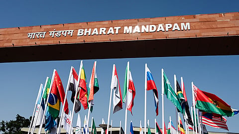 A view of the national flags of countries participating in the 18th BRICS Summit hoisted outside the Bharat Mandapam, in New Delhi, on Wednesday, Sep 09, 2026.