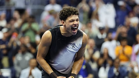 Ben Shelton, of the United States, celebrates after winning against Carlos Alcaraz, of Spain, inthe quarterfinal round of the U.S. Open tennis championships, Wednesday, Sept. 9, 2026, in New York. 