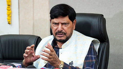 In this photo from Aug. 17, 2026, Union Minister of State for Social Justice and Empowerment Ramdas Bandu Athawale speaks during a press conference in Nagpur.