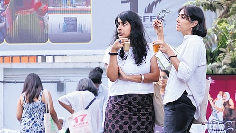 Delegates of 17th International Documentary and Short Film Festival of Kerala take a break at Kairali-Sree-Nila theatre complex in Thiruvananthapuram 
