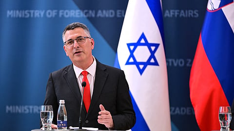 Israel’s Foreign Minister Gideon Saar speaks during a joint press conference with Slovenia’s Foreign minister prior to the opening of Israel’s embassy in Slovenia, in Ljubljana on September 9, 2026.