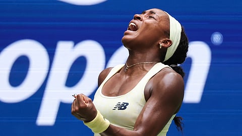 USA's Coco Gauff reacts when playing against Russia's Mirra Andreeva during their women's singles quarter-final tennis match on day eleven of the US Open tennis tournament on September 9, 2026.