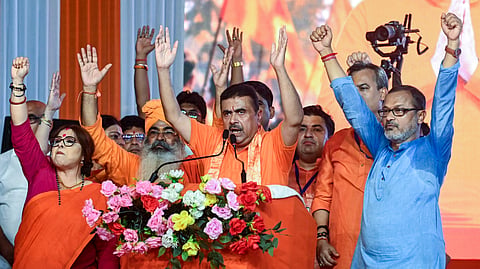 West Bengal Chief Minister Suvendu Adhikari addresses the 'Gerua Samman Yatra', to uphold the "dignity" of the saffron colour, in Kolkata, Wednesday, Sept. 9, 2026.