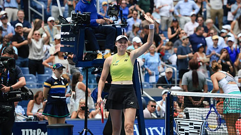Kazakhstan's Elena Rybakina waves to the crowd after defeating China's Zheng Qinwen during their women's singles quarter-final tennis match on day eleven of the US Open tennis tournament on September 9, 2026. 