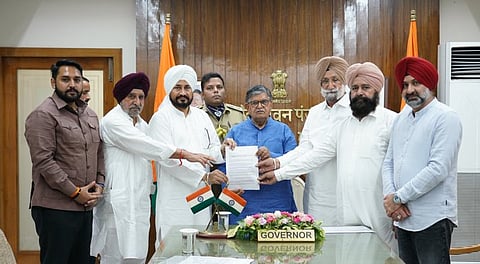 A delegation of Punjab Congress leaders, led by Charanjit Singh Channi, meet Governor Gulab Chand Kataria.