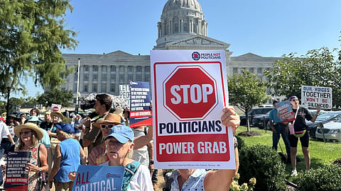 People opposed to a congressional redistricting plan rally outside the Missouri Capitol in Jefferson City, Mo., Wednesday, Sept. 2, 2026.