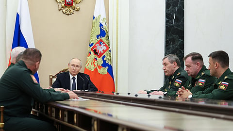 Russia's President Vladimir Putin meets with the Russian Defence Ministry leadership in Moscow on August 5, 2026.