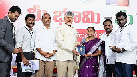 CM Nara Chandrababu Naidu during the Mee Bhoomi-Mee Hakku programme at Panduvaaripeta village of P-Gannavaram constituency in Ambedkar Konaseema district on Wednesday. 