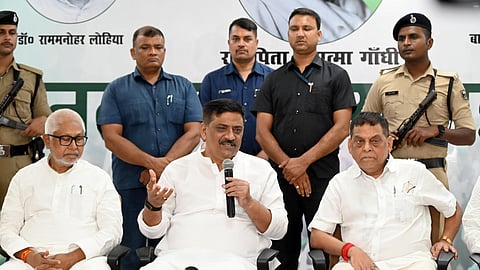 National Working President and MP Sanjay Kumar Jha addresses a press conference regarding the Farakka Water Treaty, in Patna on Thursday.