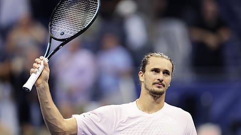 Alexander Zverev, of Germany, reacts after beating Botic van de Zandschulp, of the Netherlands, during the quarterfinal round of the U.S. Open tennis championships, Wednesday, Sept. 9, 2026, in New York.