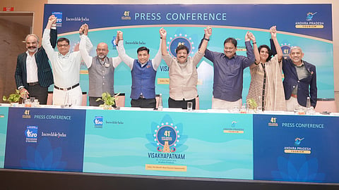 Tourism Minister Kandula Durgesh takes part in a press conference in Visakhapatnam on Wednesday.