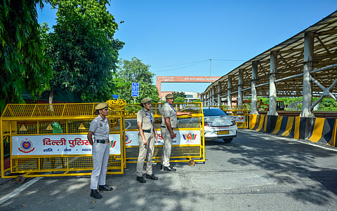  Security personnel deployed as part of heightened security arrangements ahead of the 18th BRICS Summit at Bharat Mandapam, in New Delhi on Thursday.